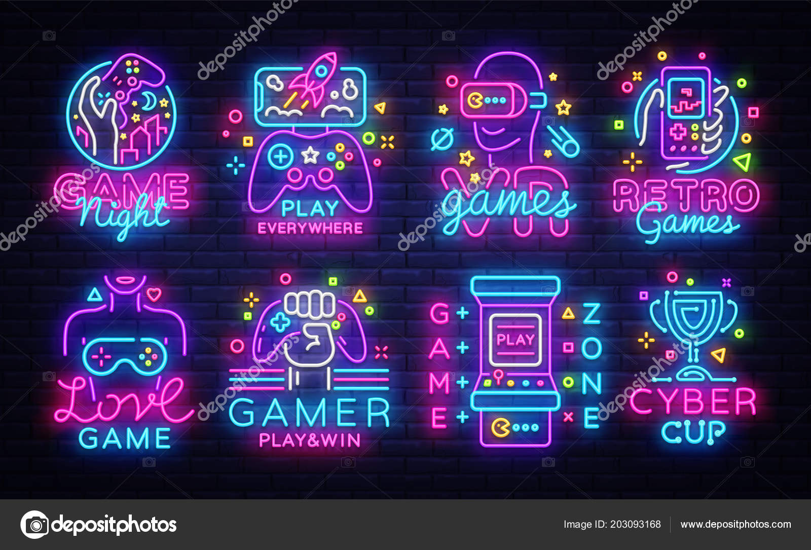 Big Collection Video Games Logos Vector Conceptual Neon Signs. Video Games  Emblems Design Template, modern trend design, bright vector illustration,  promotional games, light banner. Vector Stock Vector by ©Soifer 203093168