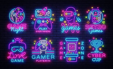 Big Collection Video Games Logos Vector Conceptual Neon Signs. Video Games Emblems Design Template, modern trend design, bright vector illustration, promotional games, light banner. Vector clipart