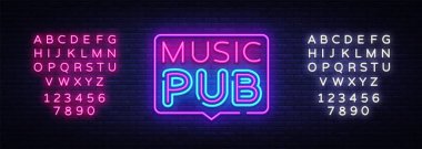 Müzik Pub neon işareti vektör. Canlı müzik tasarım şablonu neon tabela, ışık afiş, neon tabela, her gece parlak reklam, ışık yazıt. Vektör çizim. Metin neon işareti düzenleme