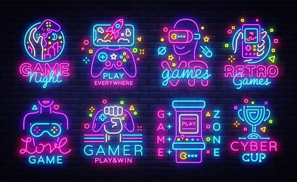 Big Collection Video Games Logos Vector Conceptual Neon Signs. Video Games Emblems Design Template, modern trend design, bright vector illustration, promotional games, light banner. Vector — Stock Vector