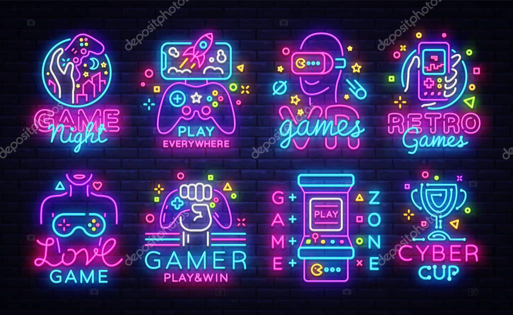 Big Collection Video Games Logos Vector Conceptual Neon Signs. Video Games Emblems Design Template, modern trend design, bright vector illustration, promotional games, light banner. Vector.