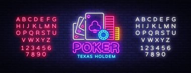 Poker neon tabela tasarım vektör şablonu. Casino Poker Texas Holdem gece Logo, parlak Neon tabela, tasarım öğesi Casino, kumar Neon, gece parlak reklam için. Vektör. Metin neon işareti düzenleme
