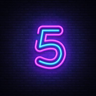 Sayı beş sembol neon işareti vektör. Sayı beş şablon neon simgesi, ışık afiş, neon tabela, her gece parlak reklam, ışık yazıt. Vektör çizim
