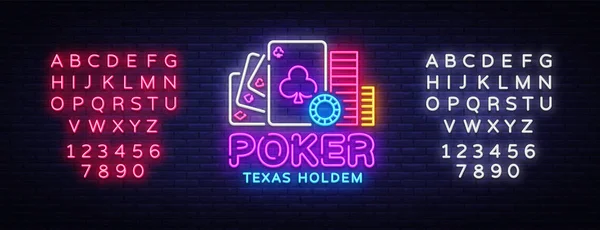 Vektor šablona návrhu Poker neonový nápis. Casino Poker Texas Holdem noc Logo, jasný neonové vývěsní štít, designový prvek pro Casino, hazardní hry Neon, jasné noci reklamu. Vektor. Editace textu neonový nápis — Stockový vektor