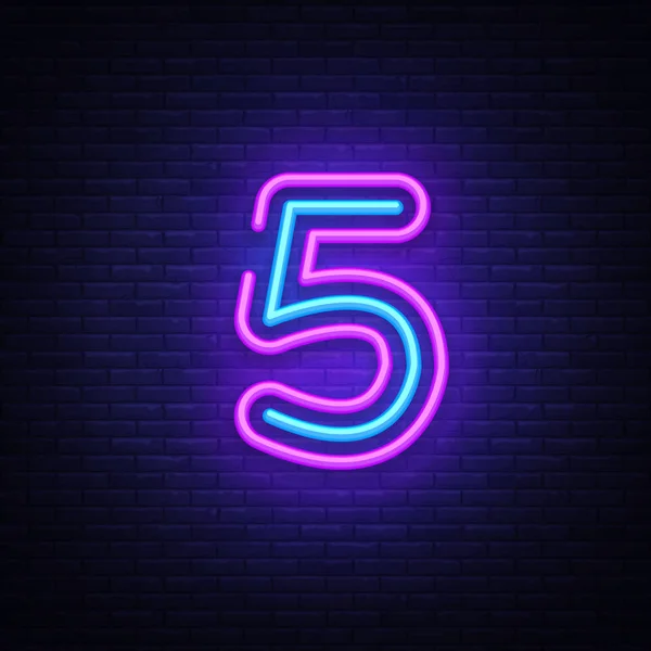 Nummer fem symbol neonskylt vektor. Nummer fem Mallikonen neon ljus banner, neon skylt, nattliga ljusa reklam, ljus inskription. Vektorillustration — Stock vektor