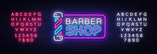 Templat desain vektor merek Barber Shop. Logo neon Barber Shop, elemen desain banner ringan tren desain modern berwarna-warni, iklan cerah malam, tanda cerah. Vektor. Menyunting tanda teks neon - Stok Vektor