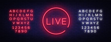 Neon işareti vektör yaşamak. Canlı akışı tasarım şablonu neon tabela, ışık afiş, neon tabela, her gece parlak reklam, ışık yazıt. Vektör çizim. Metin neon işareti düzenleme