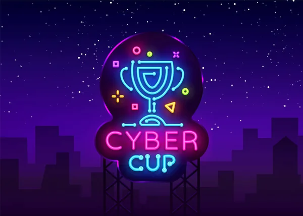 Cybersport Vektor Cup Emblem. Cyber-Cup-Leuchtreklame, Design-Vorlage für Cyber-Meisterschaft, Gaming-Industrie, Lichtbanner, helle Neon-Werbung. Vektorillustration. Plakatwand — Stockvektor