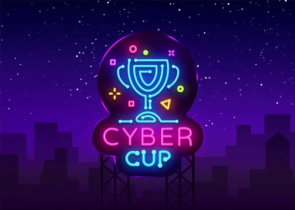 Lambang Piala Vektor Cybersport. Cap neon Piala Cyber, desain templat untuk Cyber Championship, Industri Perjudian, spanduk ringan, iklan Bright Neon. Vektor ilustrasi. Billboard - Stok Vektor