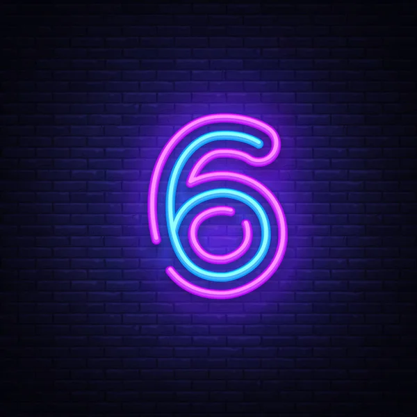 Numéro six symbole néon signe vecteur. Modèle numéro six icône au néon, bannière lumineuse, enseigne au néon, publicité lumineuse nocturne, inscription lumineuse. Illustration vectorielle — Image vectorielle