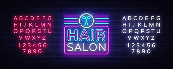 Hair Salon tecken vektor formgivningsmall. Frisörsal neon logotyp, ljus banner design element färgglad modern inredning trend, natt ljusa reklam, ljusa tecken. Vektor. Redigera text neonskylt — Stock vektor