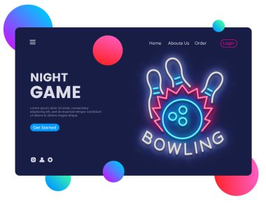 Neon yaratıcı web sitesi şablonu tasarım Bovling. Web ve mobil uygulamaları, iş apps, pazarlama, neon afiş için illüstrasyon Bowling kavram vektör. Gece oyunları