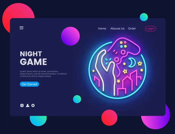 Night Games concept banner. Gamer Neon Sign, can use for web banner, infographics, website template. Gamepad in Hand, Video Game concept. Vector illustration isolated — Stockvector