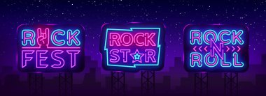 Rock müzik koleksiyonu Neon Logo vektör. Rock Pub, Cafe, Rock Star Neon işaret, kavramsal semboller, parlak gece reklam, ışık afiş, canlı müzik, Karaoke, Neon tabela. Vektör reklam panoları