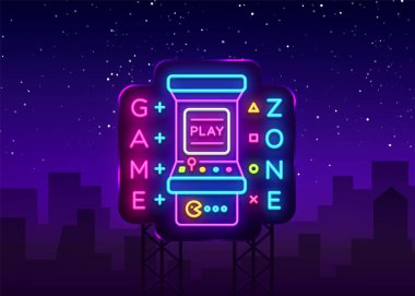 Oyun Zone Logo vektör Neon. Oyun oda neon tabela, oyun makinesi vektör tasarım şablonu, oyun endüstrisi reklam, banner, parlak gece neon tasarım öğesi ışık. Vektör sanat Billboard