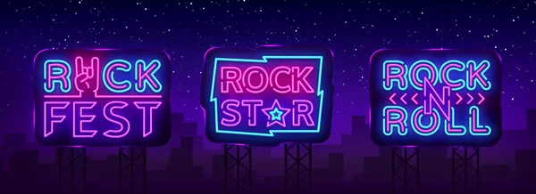 Rock musik insamling Neon logotyper vektor. Rock Cafe, Rock Star neonskyltar, Pub, konceptuella symboler, Bright natt reklam, ljus Banner, livemusik, Karaoke, Neon skylt. Vector skyltar — Stock vektor