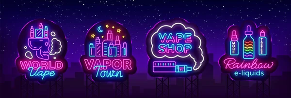 Vape shop neon sign collection vector. Vaping Store Logos set Emblem Neon, Its Vape Shop Concept Vapor Town, Rainbow E-liquids. Trendy designer elements for advertising. Vector Billboards — 스톡 벡터