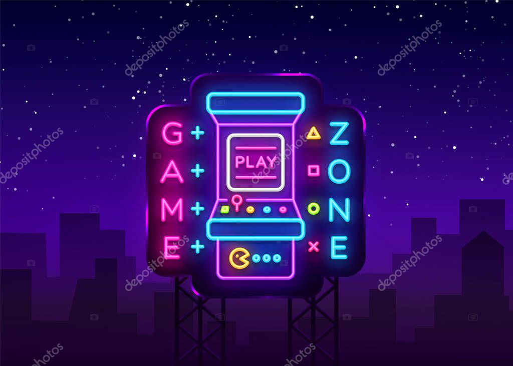 Game Zone Logo Vector Neon. Game Room neon sign board, design template, Gaming industry advertising, Gaming Machine vector, light banner, bright night neon design element. Vector Art Billboard.