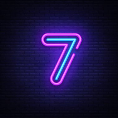 Yedinci sembol neon işareti vektör. Yedinci, yedi numara şablon neon simgesi, ışık afiş, neon tabela, her gece parlak reklam, ışık yazıt. Vektör çizim