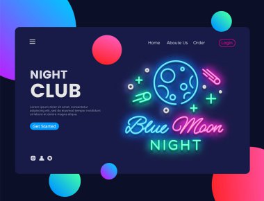 Gece kulübü kavramı afiş. Mavi ay gece kulübü Neon işareti, web afiş, infographics, Web sitesi şablonu için kullanabilirsiniz. Club müzik parti davetiyesi. Vektör illüstrasyon izole