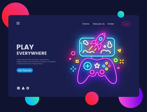 Шаблон векторного дизайна сайта геймера. Play Everywhere light banner in neon style, modern trend design, bright night life advertising. Векторная иллюстрация — стоковый вектор