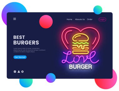 Burger kavramı afiş. Burger lokanta Neon işareti, web afiş, infographics, Web sitesi şablonu için kullanabilirsiniz. Burger Cafe hafif afiş. Vektör illüstrasyon izole