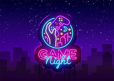 Oyun gece neon işareti vektör logo tasarım şablonu. Neon tarzı, gamepad el, video oyun kavramı, modern trend oyun gecesi logo tasarım, ışık afiş, parlak gece hayatı reklam. Vektör Billboard