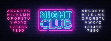 Gece kulübü neon işareti vektör. Gece kulübü tasarım şablonu neon tabela, ışık afiş, neon tabela, parlak reklam, her gece yazıt ışık. Vektör çizim. Metin neon işareti düzenleme