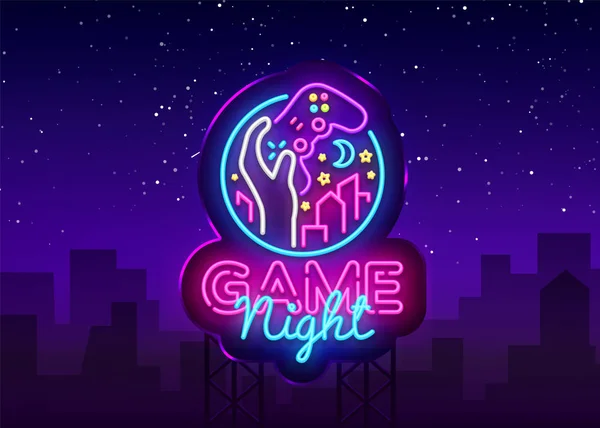 Game Night neon sign Vector logo design template. Game night logo in neon style, gamepad hand, video game concept, modern trend design, light banner, bright nightlife advertisement. Vector Billboard — Stock Vector