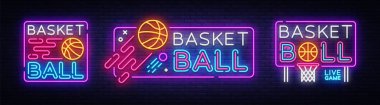 Basketbol neon işareti koleksiyonu vektör. Basketbol tasarım şablonu neon tabela, ışık afiş, neon tabela, her gece parlak reklam, ışık yazıt. Vektör çizim
