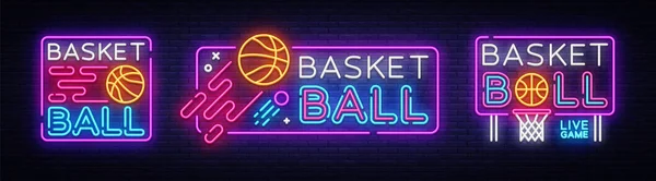 Basketbol neon işareti koleksiyonu vektör. Basketbol tasarım şablonu neon tabela, ışık afiş, neon tabela, her gece parlak reklam, ışık yazıt. Vektör çizim — Stok Vektör
