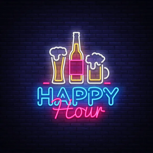 Happy Hour neon işareti vektör. Happy Hour tasarım şablonu neon işareti, gece yemeği, kutlama ışık afiş, neon tabela, parlak reklam, her gece ışık yazıt. Vektör çizim