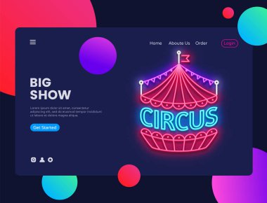 Sirk Neon yatay Web Banner vektör. Reklam banner web arayüzü modern eğilim tasarım, neon tarzı, gece parlak reklam, tasarım şablonu. Vektör çizim