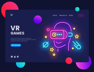 VR Oyunlar Web sitesi kavramı afiş vektör tasarım şablonu. Neon tarzı, sanal gerçeklik modern eğilim tasarım, parlak gece hayatı reklam oyun ışık afiş. Vektör çizim.
