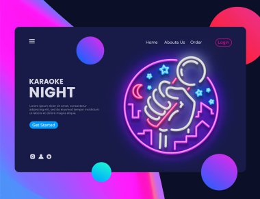 Karaoke Neon yatay Web Banner vektör. Canlı müzik reklam banner web arayüzünde modern eğilim tasarım, neon tarzı, gece parlak reklam, tasarım şablonu. Vektör çizim