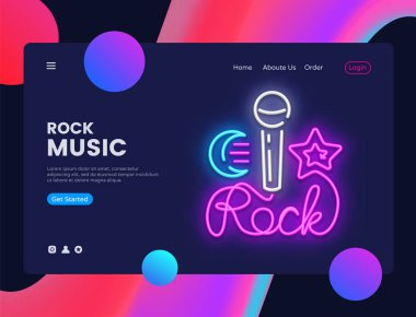 Rock müzik afiş tasarım şablonu vektör. Rock Star web afiş arabirimi, Neon tabela, modern trend tasarım, neon tarzı web afiş, parlak neon reklam. Vektör çizim