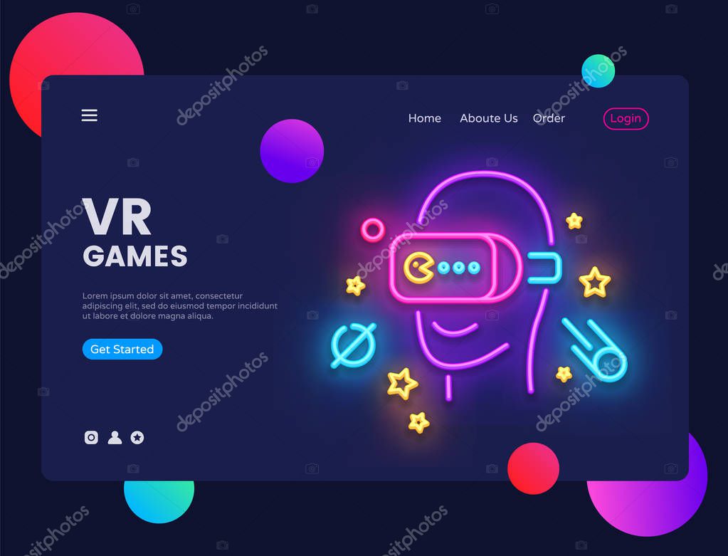 VR Games website concept banner Vector design template. Gamer light banner in neon style, Virtual Reality modern trend design, bright nightlife advertisement. Vector illustration.