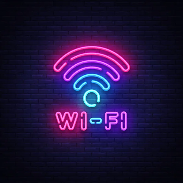 Wifi 네온 사인 벡터. Wifi 기호 네온 빛나는 편지 빛나고, 빛 배너, 네온 텍스트. 벡터 일러스트입니다. 빌보드 — 스톡 벡터