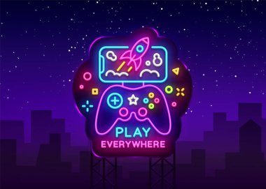 Neon işareti vektör Gamepad ve Smartphone. Oyunlar için Smartphone logo, amblem Modern eğilim tasarım, vektör şablon, ışık afiş, gece canlı Video oyunu promosyon, öğe tasarlayın. Vektör Billboard