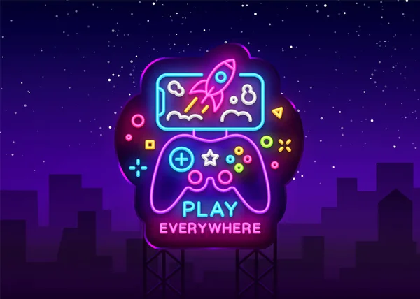 Gamepad y Smartphone vector signo de neón. Juegos para Smartphone Logotype, Emblema Moderno Diseño de Tendencias, Plantilla Vectorial, Banner de Luz, Noche Vivid Promoción de Videojuegos, Elemento de Diseño. Billboard de vectores — Vector de stock