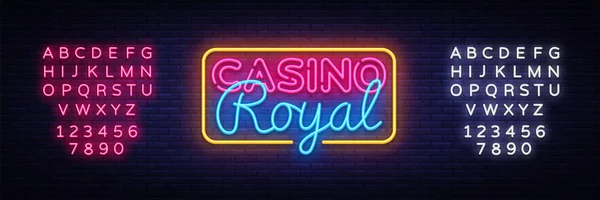 Casino Royal vector de signo de neón. Plantilla de diseño de casino letrero de neón, banner de luz, letrero de neón, publicidad nocturna brillante, inscripción de luz. Ilustración vectorial. Edición de texto signo de neón — Archivo Imágenes Vectoriales