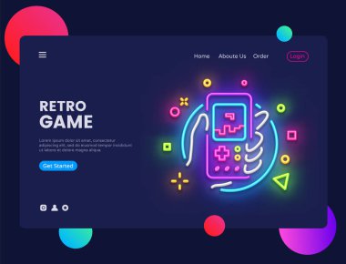 Retro Oyunlar Web sitesi kavramı afiş vektör tasarım şablonu. Retro oyun ışık neon tarzı, Retro geek oyun gamepad el neon tabela, modern trend tasarım, parlak gece hayatı reklam banner