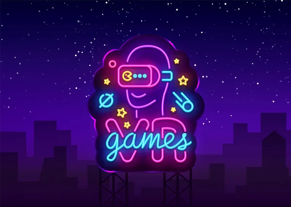 Vr Spiele Neon Sign Vektor. Virtual-Reality-Logotyp-Spiele, Emblem im modernen Trenddesign, Vektorschablone, Lichtbanner, lebendige Videospielwerbung in der Nacht, Gestaltungselement. Vektor-Werbetafel — Stockvektor