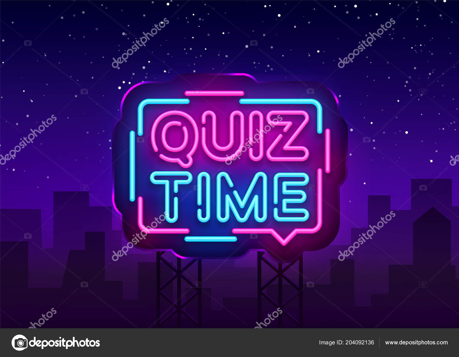 Anúncio Quiz Time poster neon signboard vector. Pub Quiz vintage