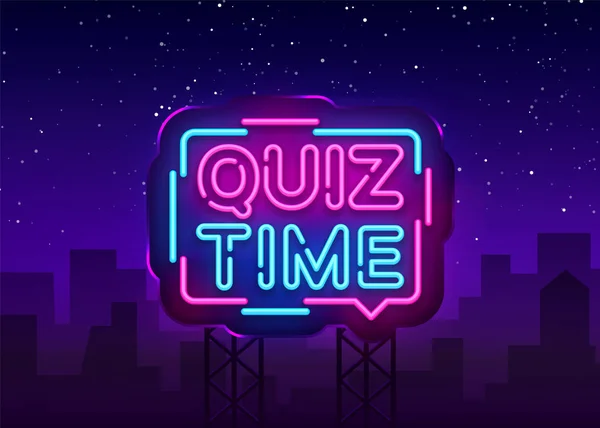Zaman duyuru poster neon tabela vektör quiz. Pub Quiz vintage tarzı neon parlak harfler, parlayan ışık afiş, sorular oyunu takım. Vektör çizim. Billboard