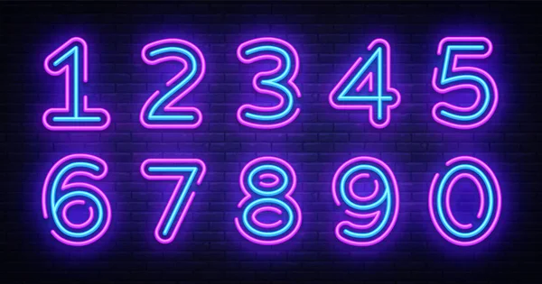 Számos szimbólumok gyűjteménye neon jel vektor. Design elem szám sablon neon ikont, könnyű banner, neon jelzőtábla, éjszakai világos reklám, könnyű felirat. Vektoros illusztráció — Stock Vector