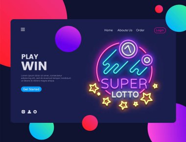 Süper Loto yatay Web Banner vektör. Modern eğilim tasarım, tasarım şablonu neon tarzı, gece parlak reklam reklam banner web arayüzünde kumar. Vektör çizim