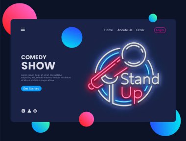 Neon yaratıcı web sitesi şablonu tasarım Stand Up. Stand Up Neon işareti vektör çizim, Komedi Show kavramı için Web sitesi ve mobil uygulamaları, iş apps, pazarlama, neon afiş