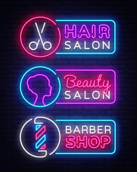 Kumpulkan neon tanda-tanda vektor. Hairdress, Barber Shop, salon Beauty Logotype, Emblem in Modern Trend Design, Vector Template, Light Banner, Night Bright Promotion, Design Element. Ilustrasi Vektor - Stok Vektor