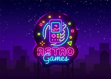 Tekrarlamak spor vektör Logo. Retro geek oyun gamepad el neon tabela, modern trend tasarım, canlı vektör çizim, promosyon karakter Oyunlar, Vintage işareti. Vektör çizim. Billboard
